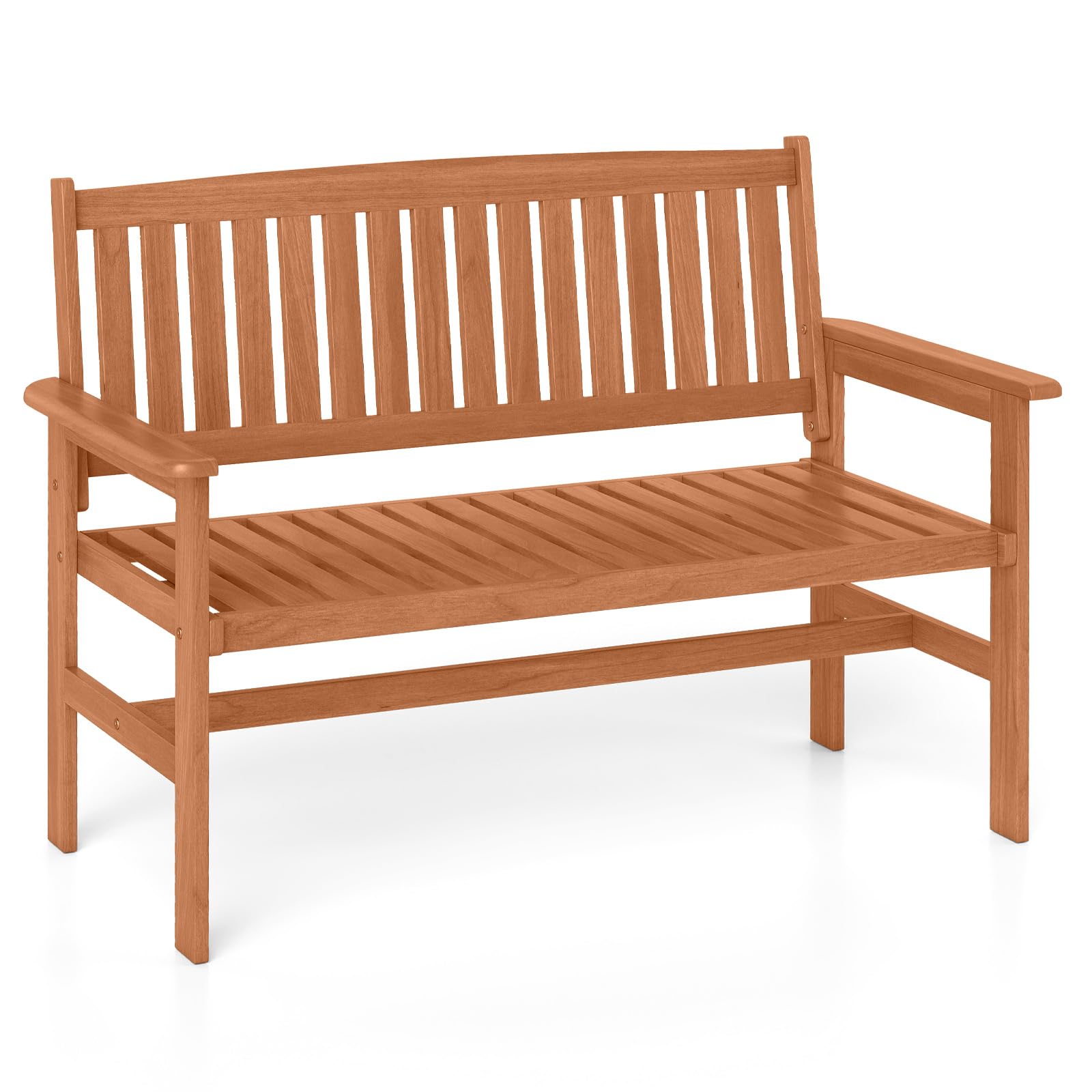 Tangkula Wooden Garden Bench 2-Person Patio Loveseat with Slatted Backrest and Comfortable Armrests