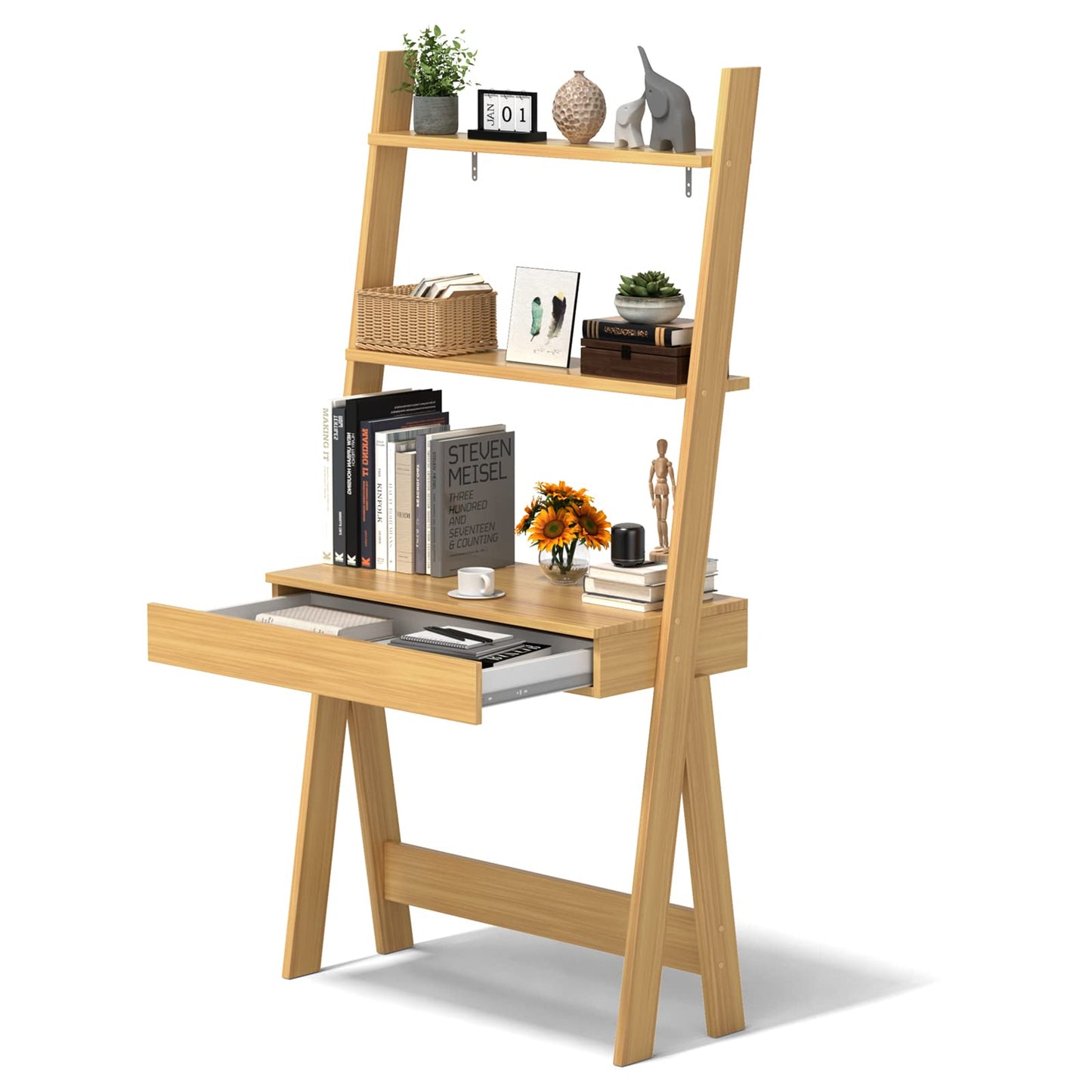 Tangkula Ladder Desk with Countertop & Drawer, Freestanding 2-Tier Ladder Shelf Desk