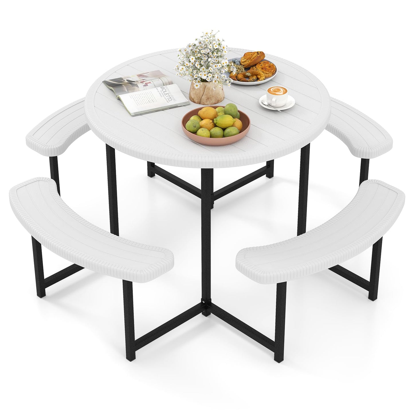 Tangkula 8 Person Picnic Table HDPE Outdoor Round Table and Bench Set