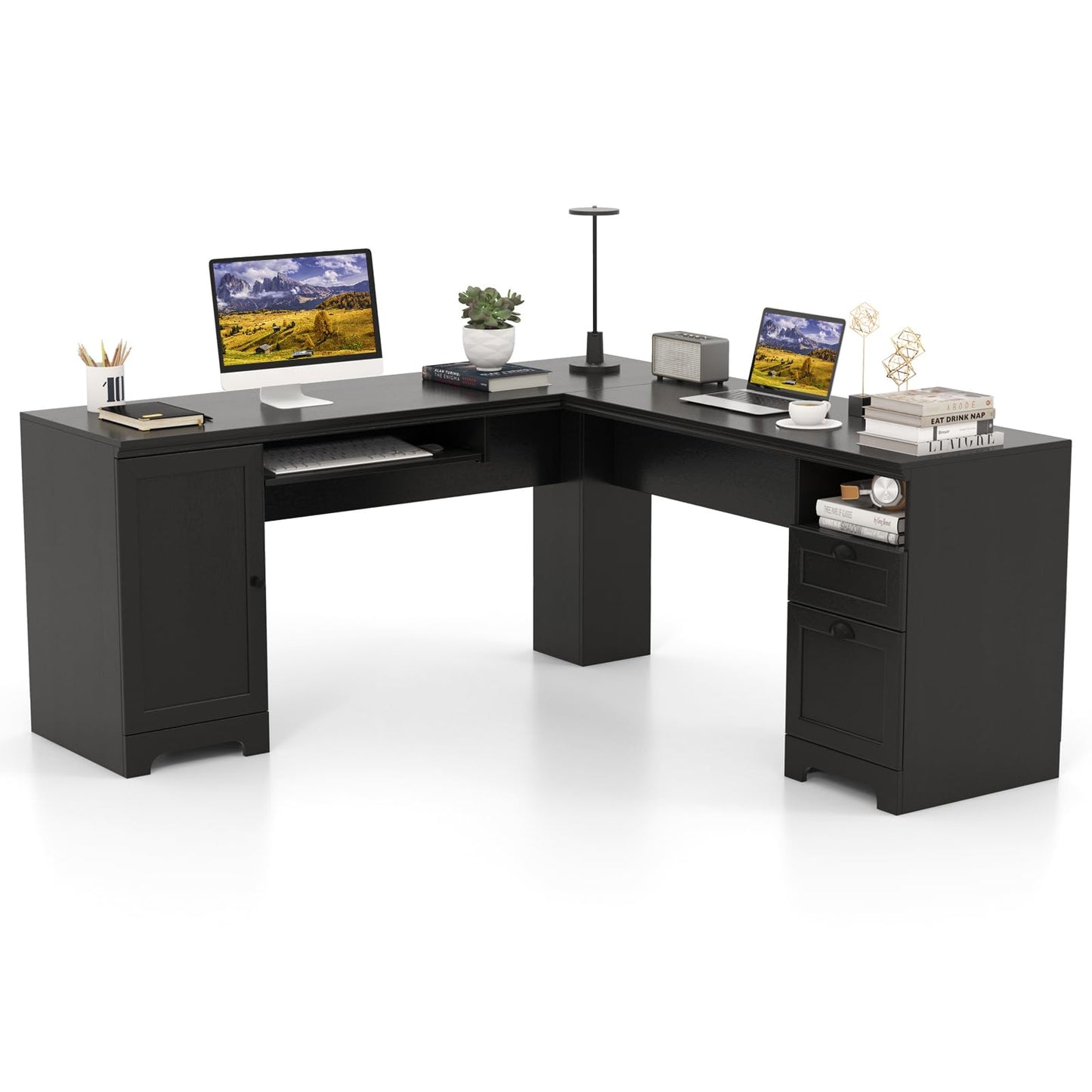 Tangkula L Shaped Desk with Drawers and Storage Shelf