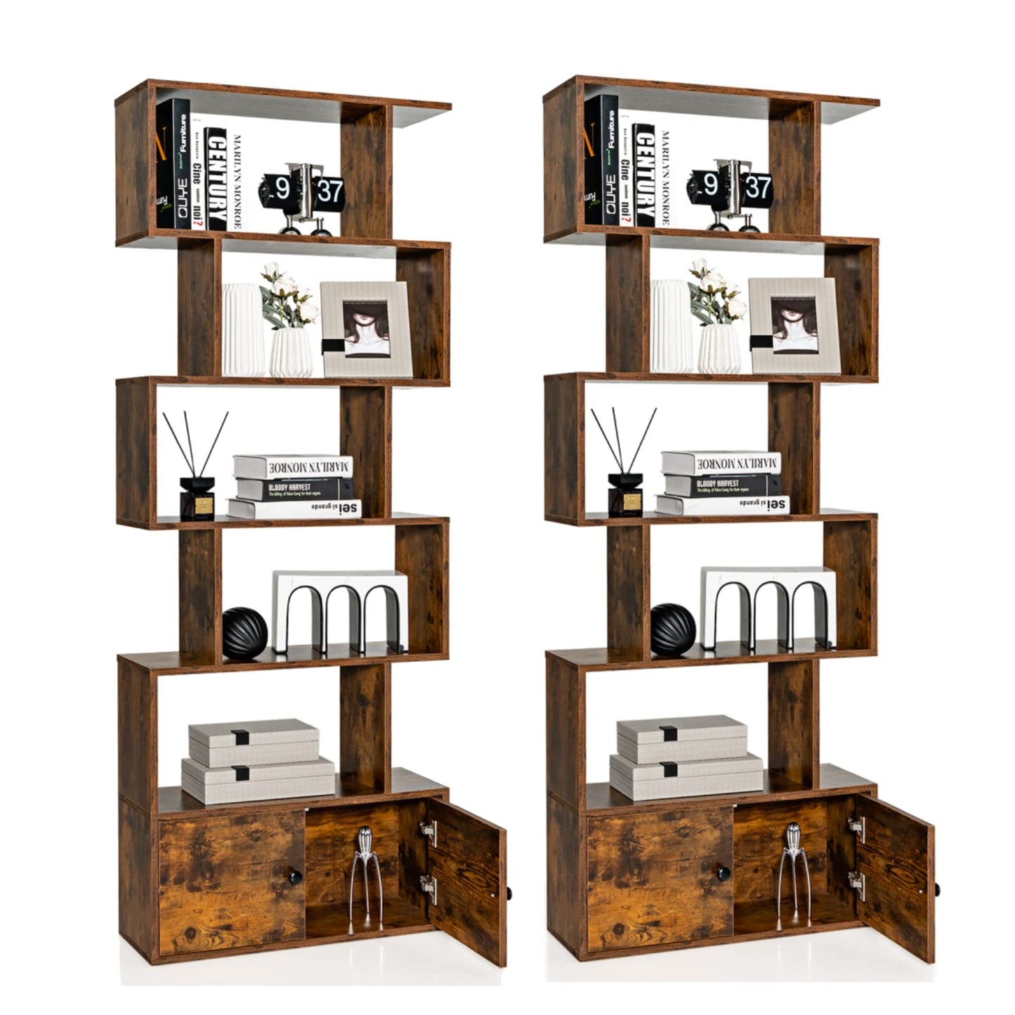 Tangkula S Shaped Bookshelf with Cabinet, 6-Tier Bookcase with Doors, Freestanding Geometric Bookshelves for Living Room