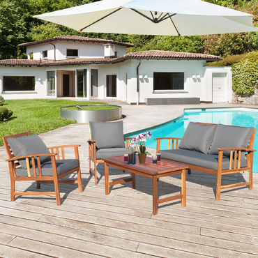 Ensemble de mobilier de jardin Tangkula 4 pièces en bois d'acacia, salon de jardin extérieur avec coussins gris et oreillers de dossier