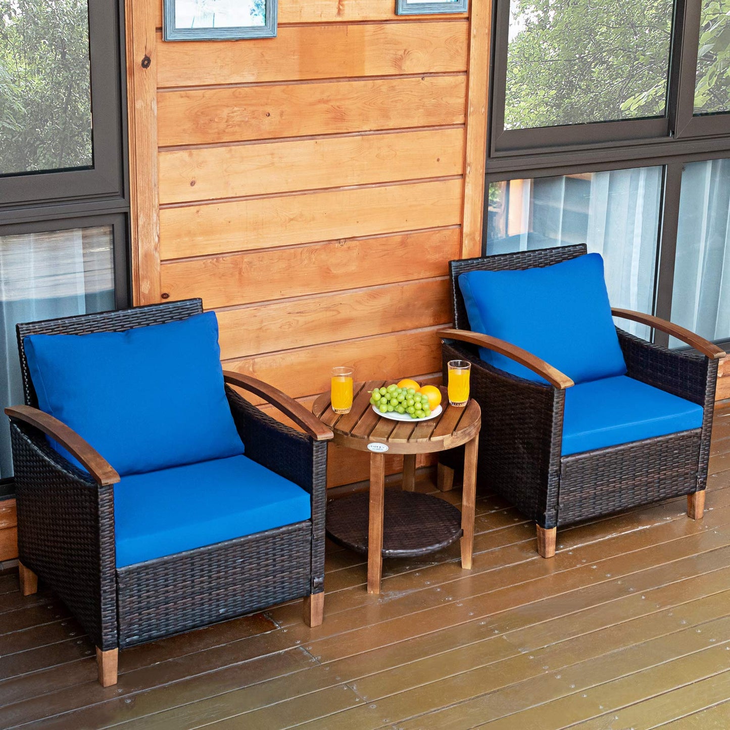 3 Pieces Patio Furniture Set, Outdoor Rattan Sofa and Side Table w/Solid Acacia Wood Frame