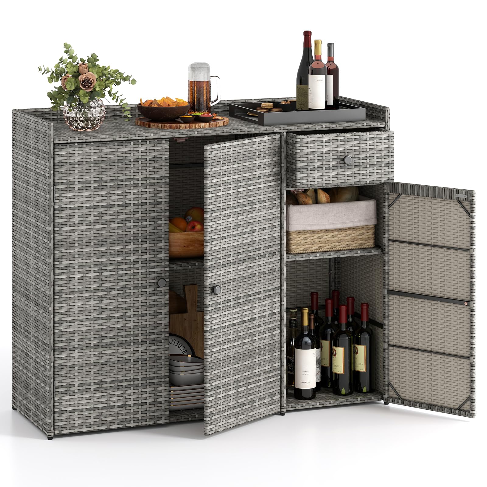 Tangkula Rattan Outdoor Storage Cabinet with 2 Adjustable Shelves