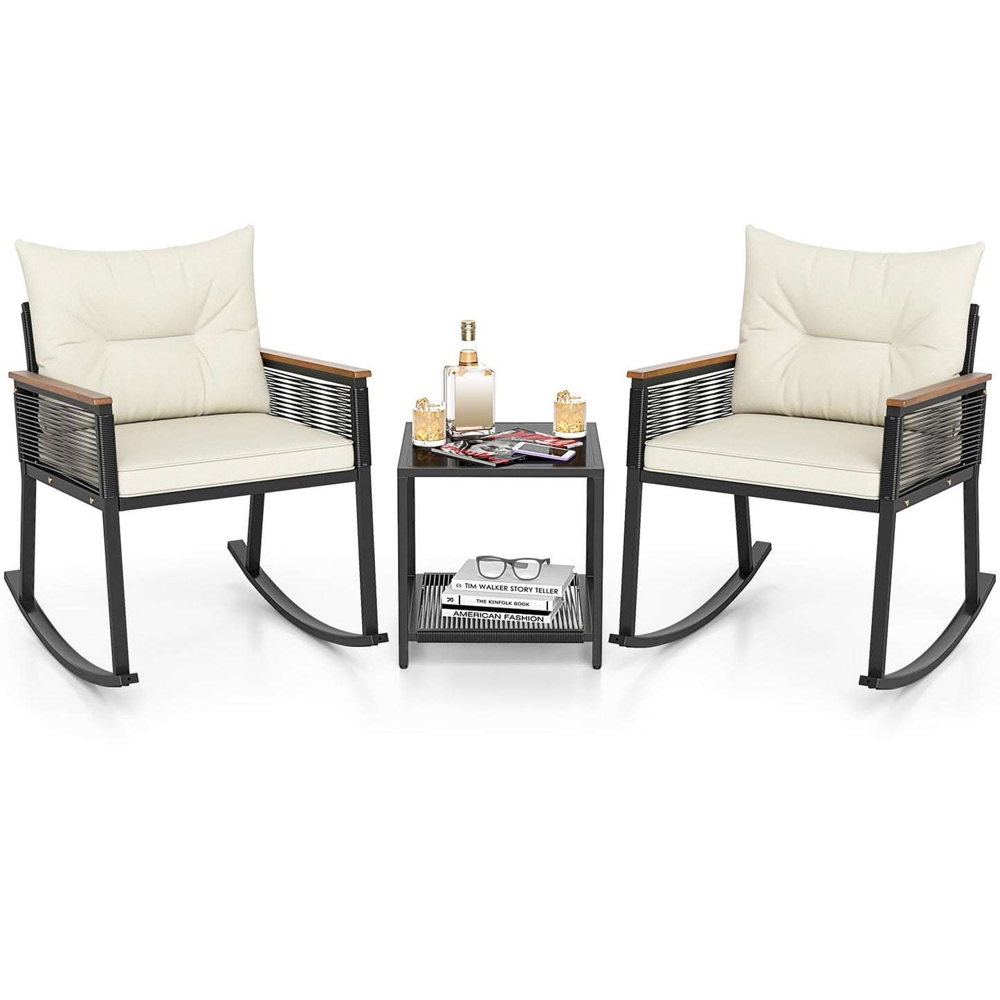 Tangkula 3 Piece Patio Rocking Bistro Set Outside Wicker Rockers