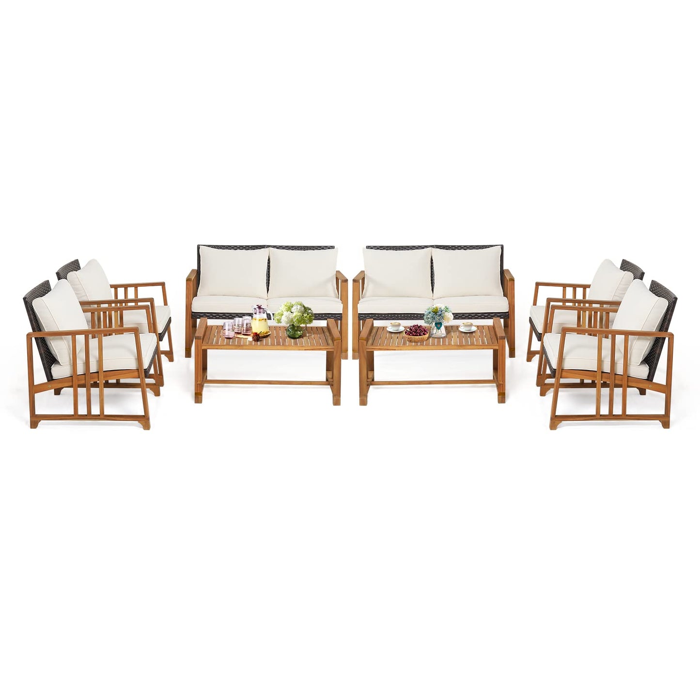 Tangkula 4 Pieces Patio Sofa Set, Outdoor Mix Brown Rattan Conversation Set with Acacia Wood Frame