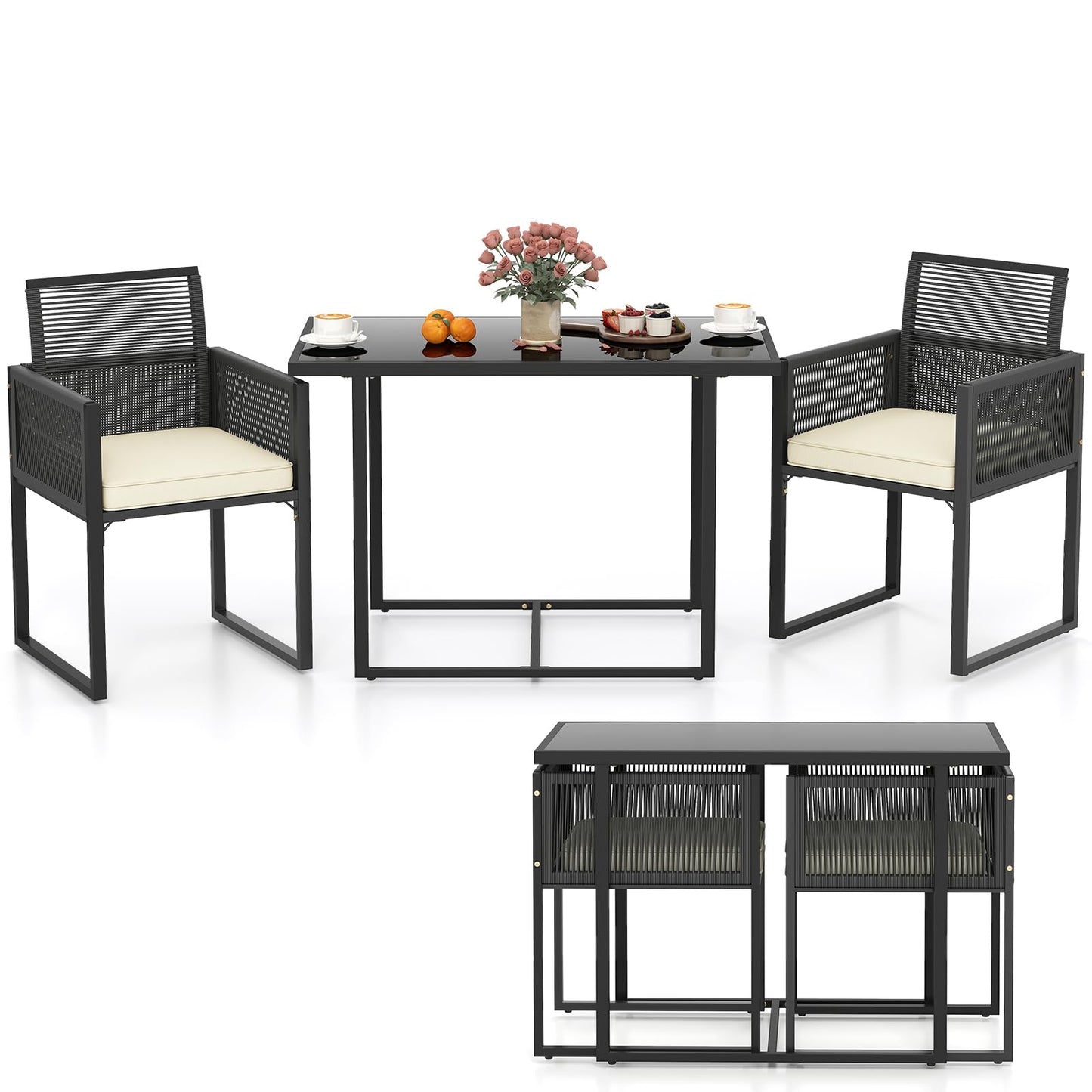 Tangkula 3 Pieces Outdoor Dining Set, Patio PE Rattan Furniture Set