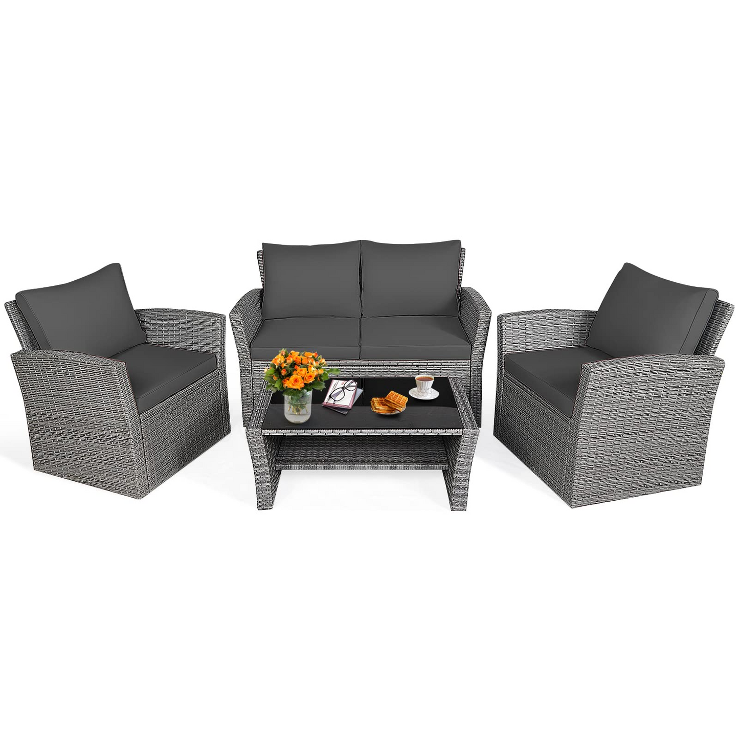 Tangkula 4 Pieces Patio Furniture Set, Outdoor Conversation Set with Cushions and Coffee Table