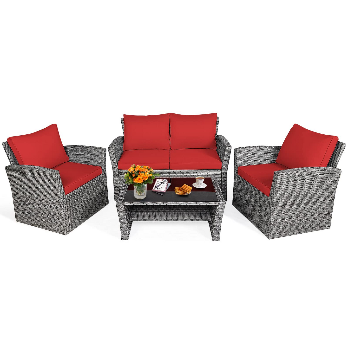 Tangkula 4 Pieces Patio Furniture Set, Outdoor Conversation Set with Cushions and Coffee Table