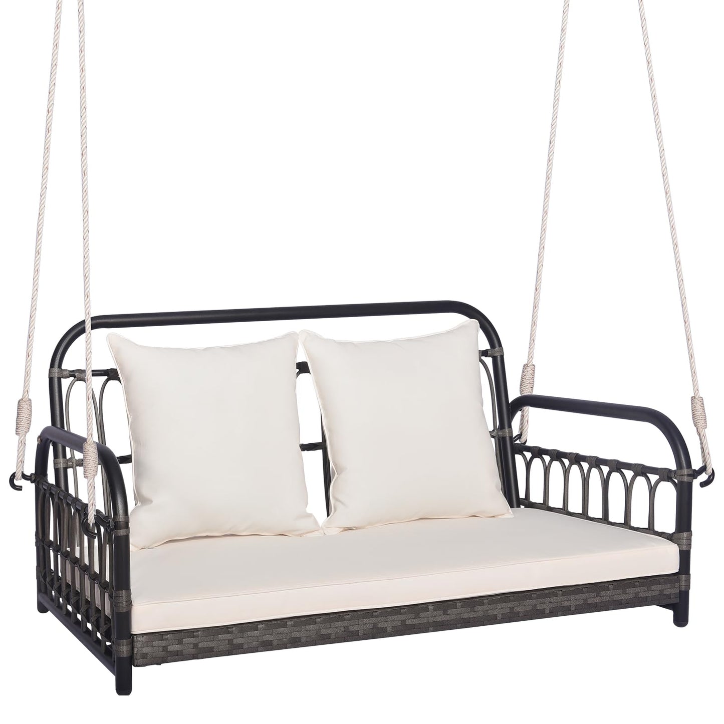 Tangkula Outdoor Wicker Porch Swing, 2-Person Hanging Seat with Seat & Back Cushions