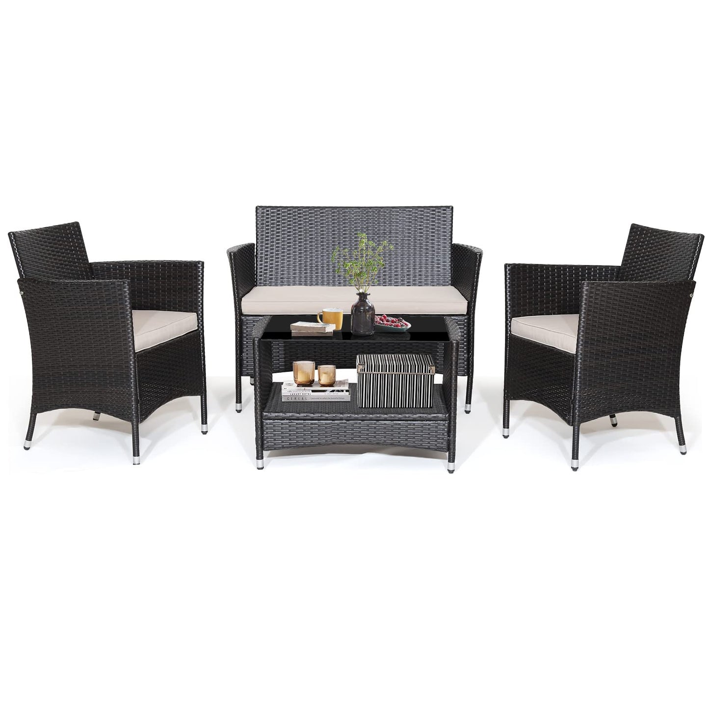 Tangkula 4 Pieces Patio Furniture Set, Patiojoy Outdoor PE Wicker Conversation Set with Soft Cushions and Tempered Glass Tabletop