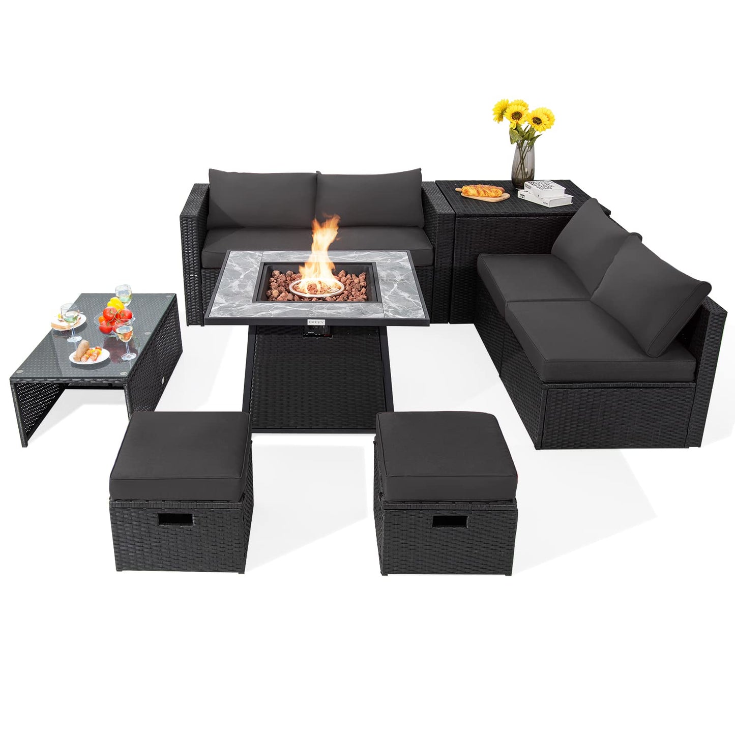 Tangkula 9 Pieces Outdoor PE Rattan Sectional Sofa with 35-Inch Gas Fire Pit Table