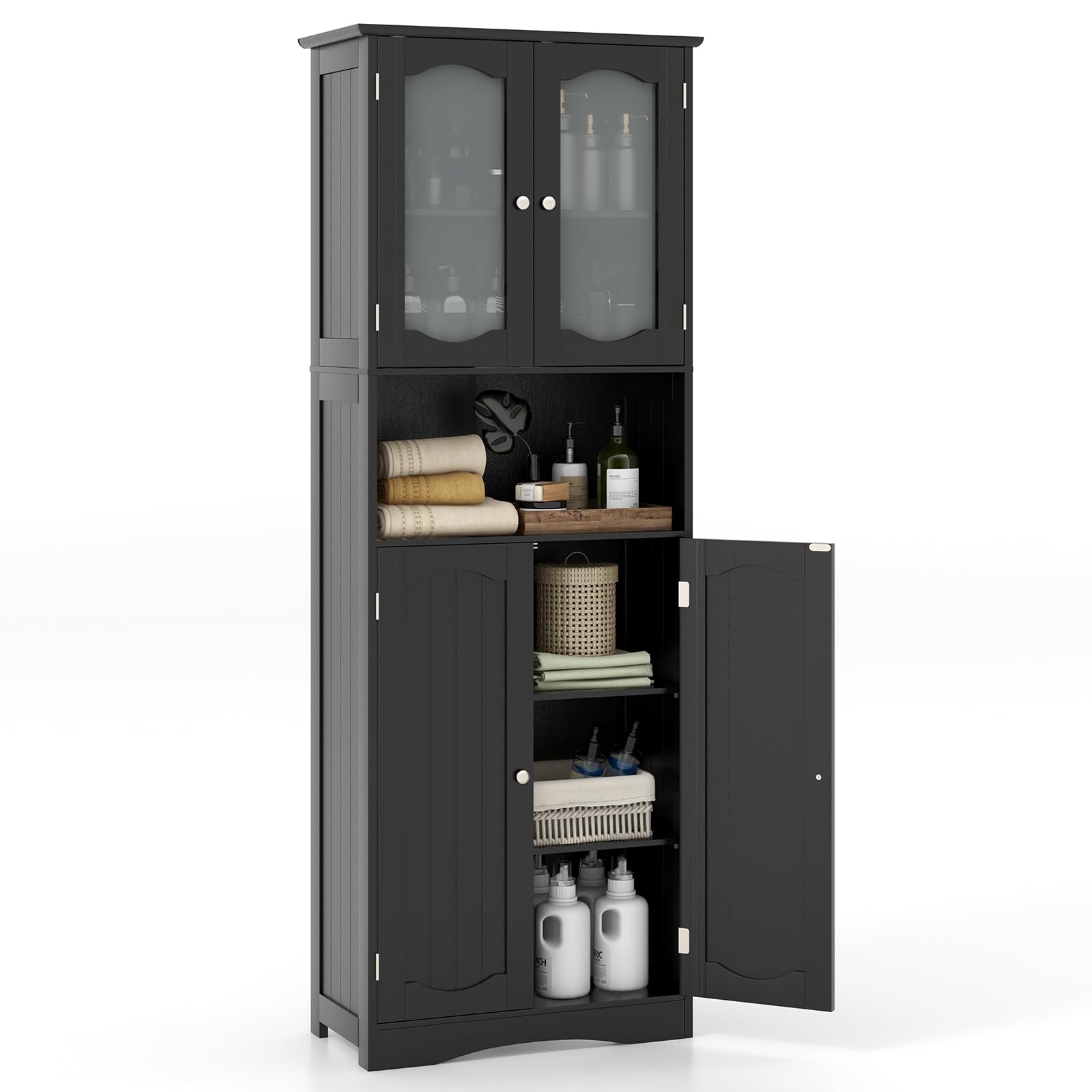 Tangkula 64.5" Tall Bathroom Storage Cabinet, Freestanding Linen Cabinet with Frost Glass Doors and Shelves