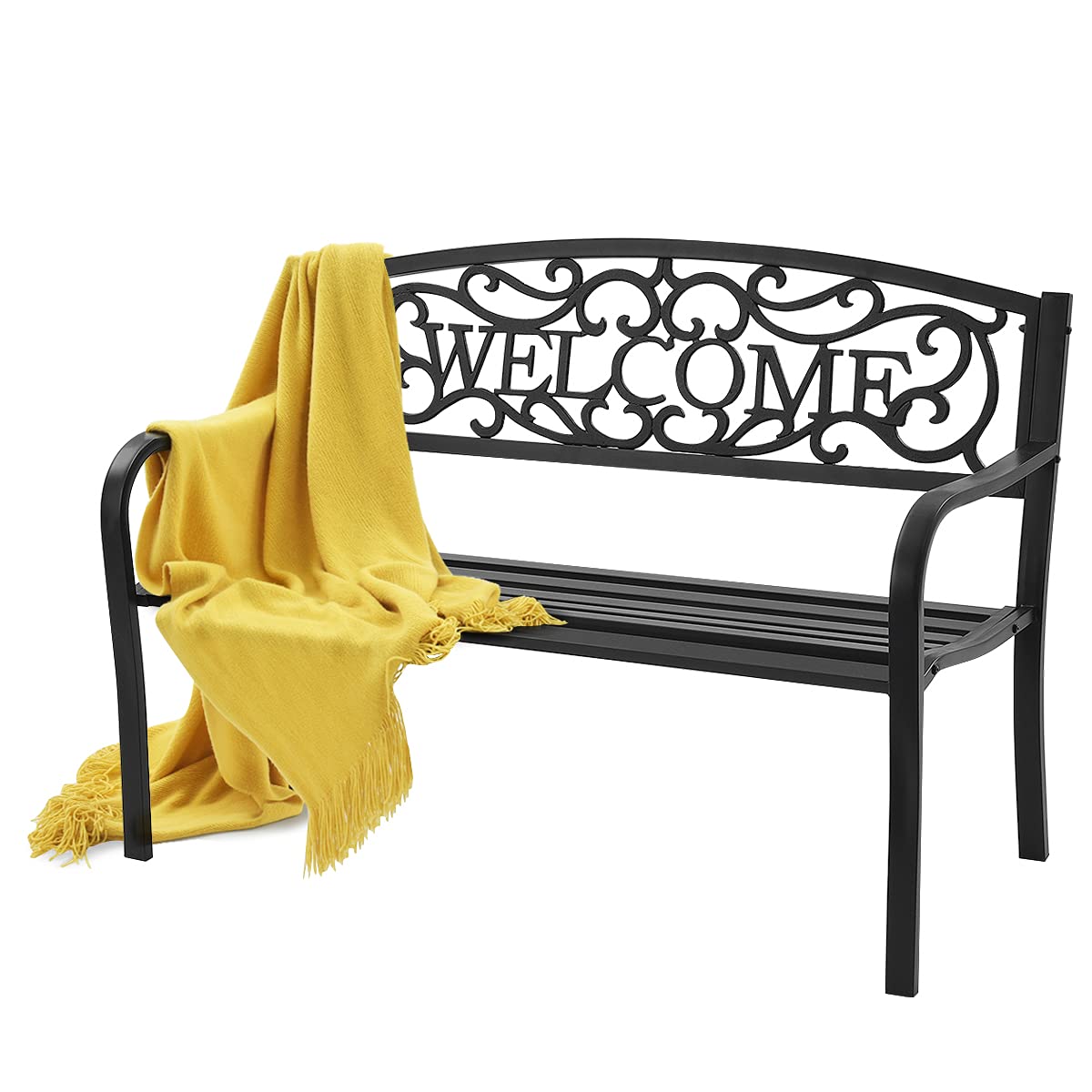 Outdoor Steel Garden Bench Park Bench, 50 Inch Patio Welcome Bench with Slated Seat & Floral Design Backrest