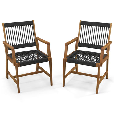 Tangkula Lot de 2 chaises de salle à manger d'extérieur en bois d'acacia, chaises de patio toutes saisons en corde tressée avec accoudoirs