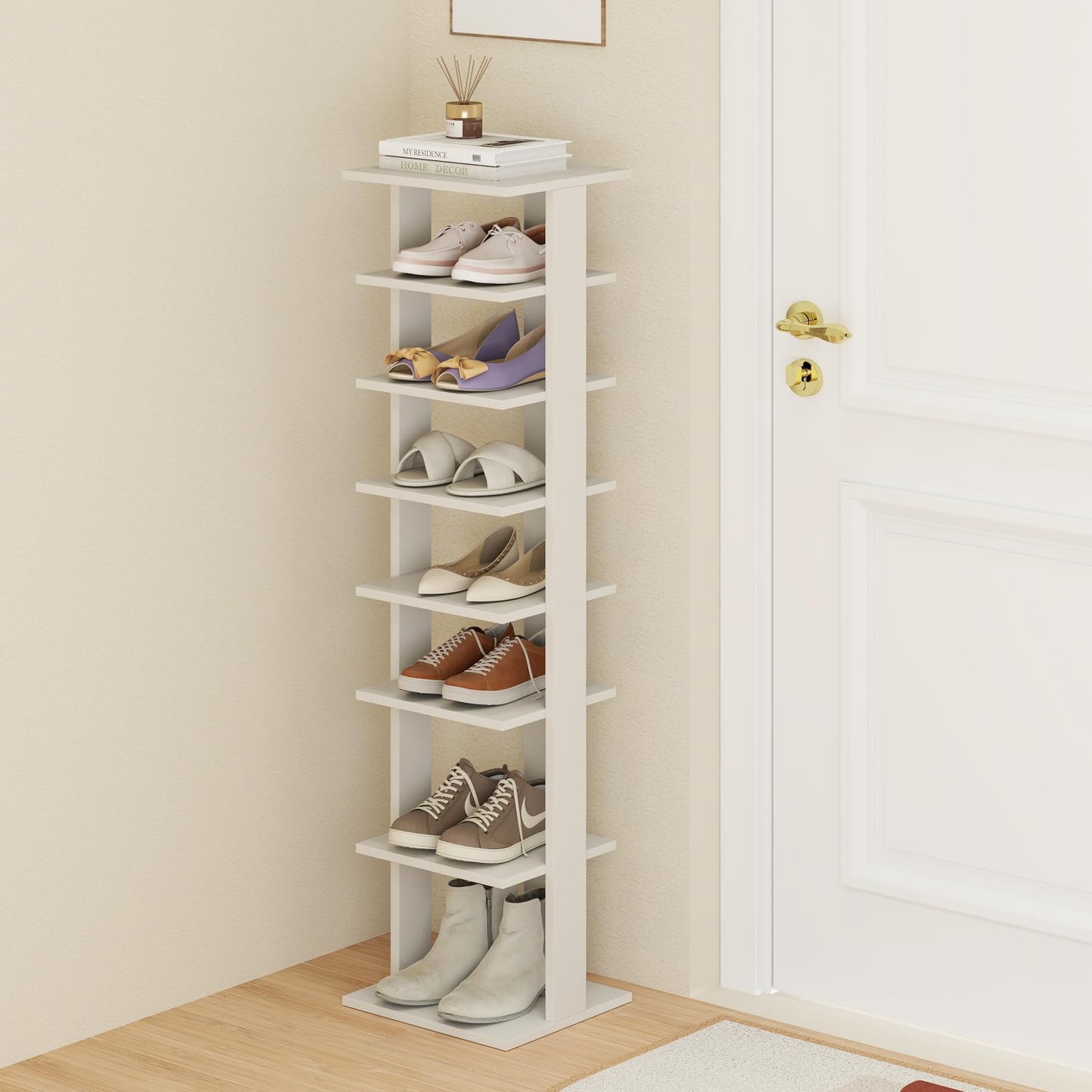Tangkula 7 Tiers Vertical Shoe Rack, Entryway Wooden Shoes Racks, Modern Shoe Rack Organizer