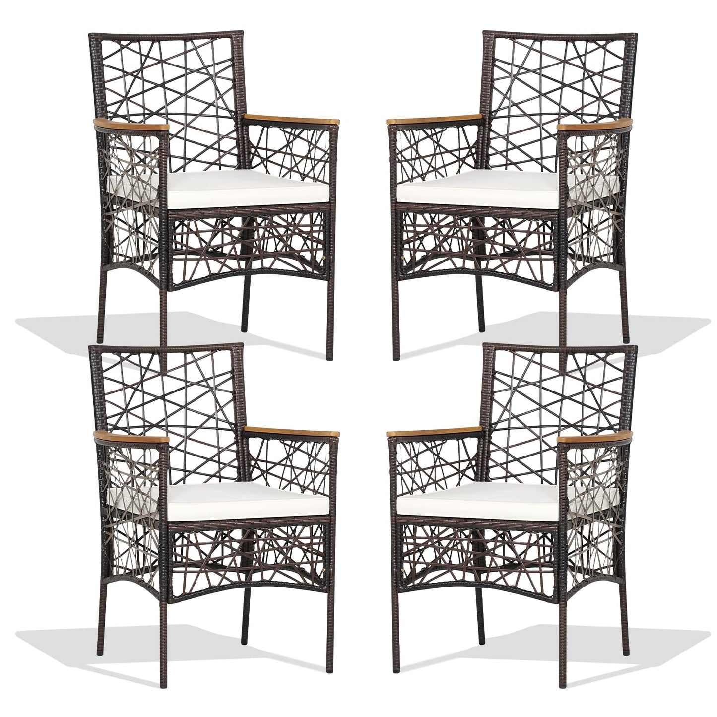Tangkula Set of 2 Outdoor Dining Chairs, Patio Bistro Chairs with Acacia Wood Armrests and Soft Cushions
