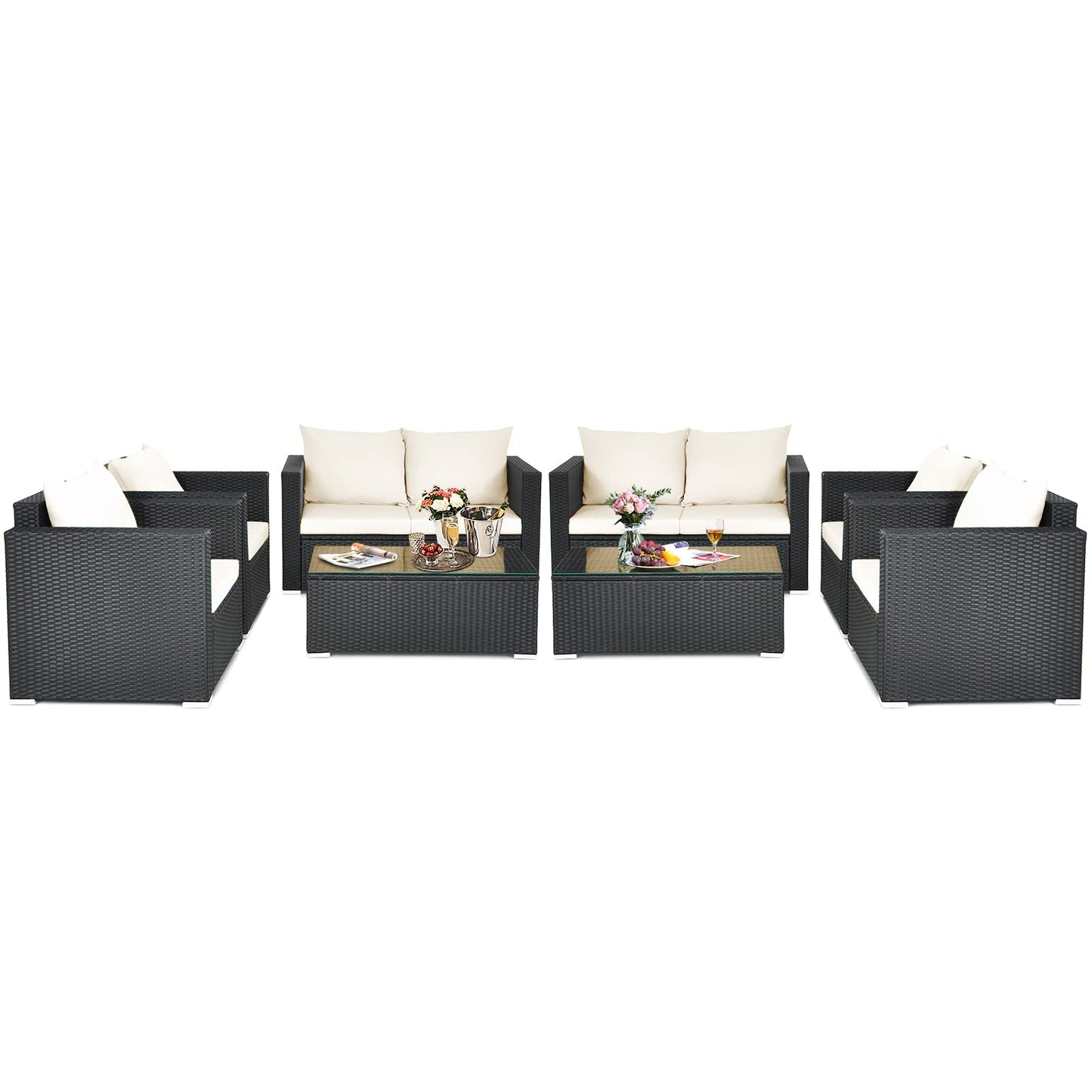 Patio Rattan Conversation Furniture Set, Outdoor Wicker Sofa Set with Padded Cushion & Tempered Glass Coffee Table