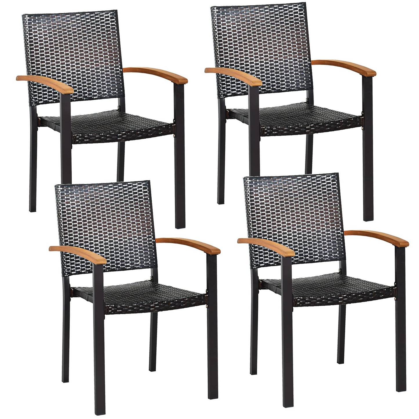 Tangkula 2 Pieces Stackable Patio Rattan Chair, Outdoor PE Wicker Dining Armchair W/Galvanized Steel Frame, Acacia-Topped Armrests