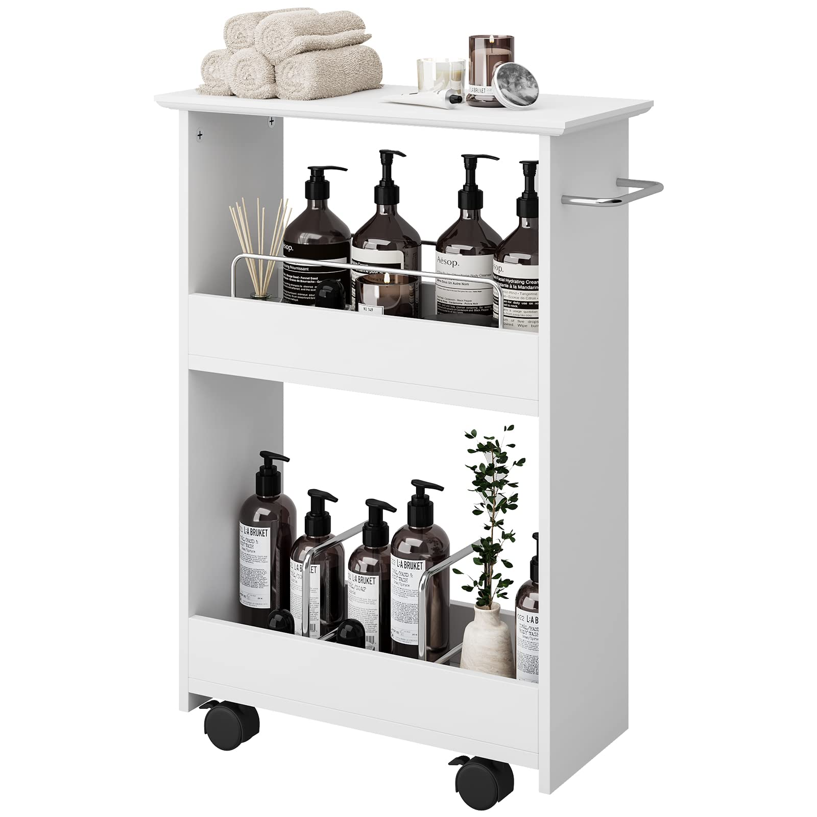 Tangkula Slim Bathroom Storage Shelves, Wooden Rolling Storage Cabinet