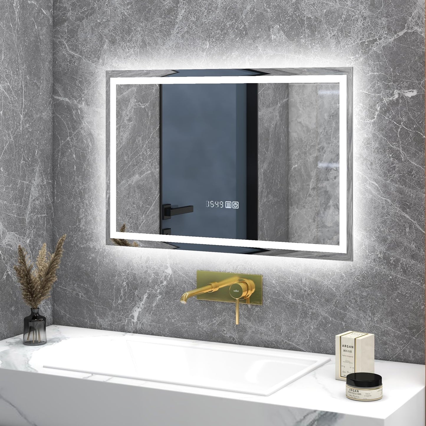 Tangkula LED Bathroom Mirror, Wall Mounted Rectangle Mirror w/ 3-Color Dimmable Lights, Time/Temp Display, Anti-Fog