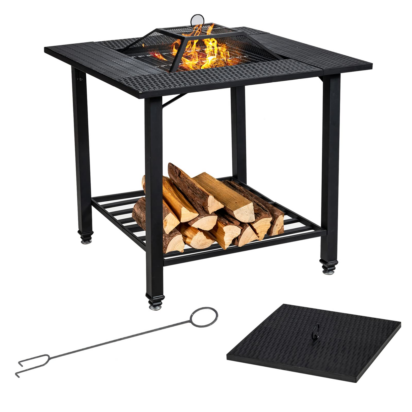 Tangkula 4 in 1 Outdoor Fire Pit, Heavy Duty Metal Square Wood Burning Fire Pit with Spark Screen Cover