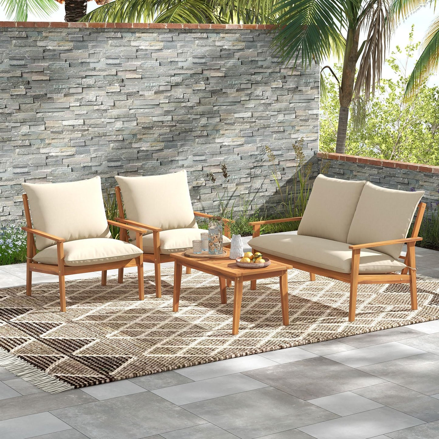 Tangkula 4 Pieces Patio Furniture Set Outdoor Acacia Wood Conversation Set