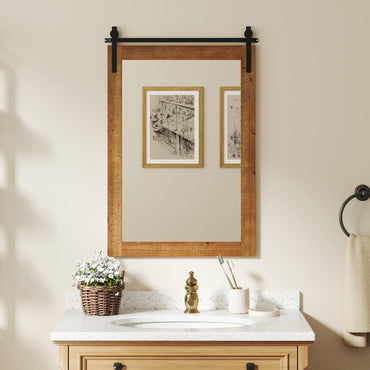 Tangkula Farmhouse Wall Mirror with Wood Frame & Metal Bracket( 36"L x 24"W)