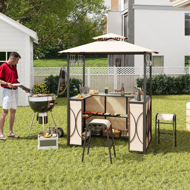 Ensemble de bar de terrasse 3 pièces Tangkula, tonnelle de barbecue et 2 tabourets de bar avec table de bar en verre trempé, étagères de rangement en métal