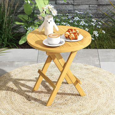 Table d'appoint pliante Tangkula pour patio, table basse ronde en teck avec pieds en X et plateau à lattes, 51 cm (P) x 51 cm (L) x 51 cm (H)