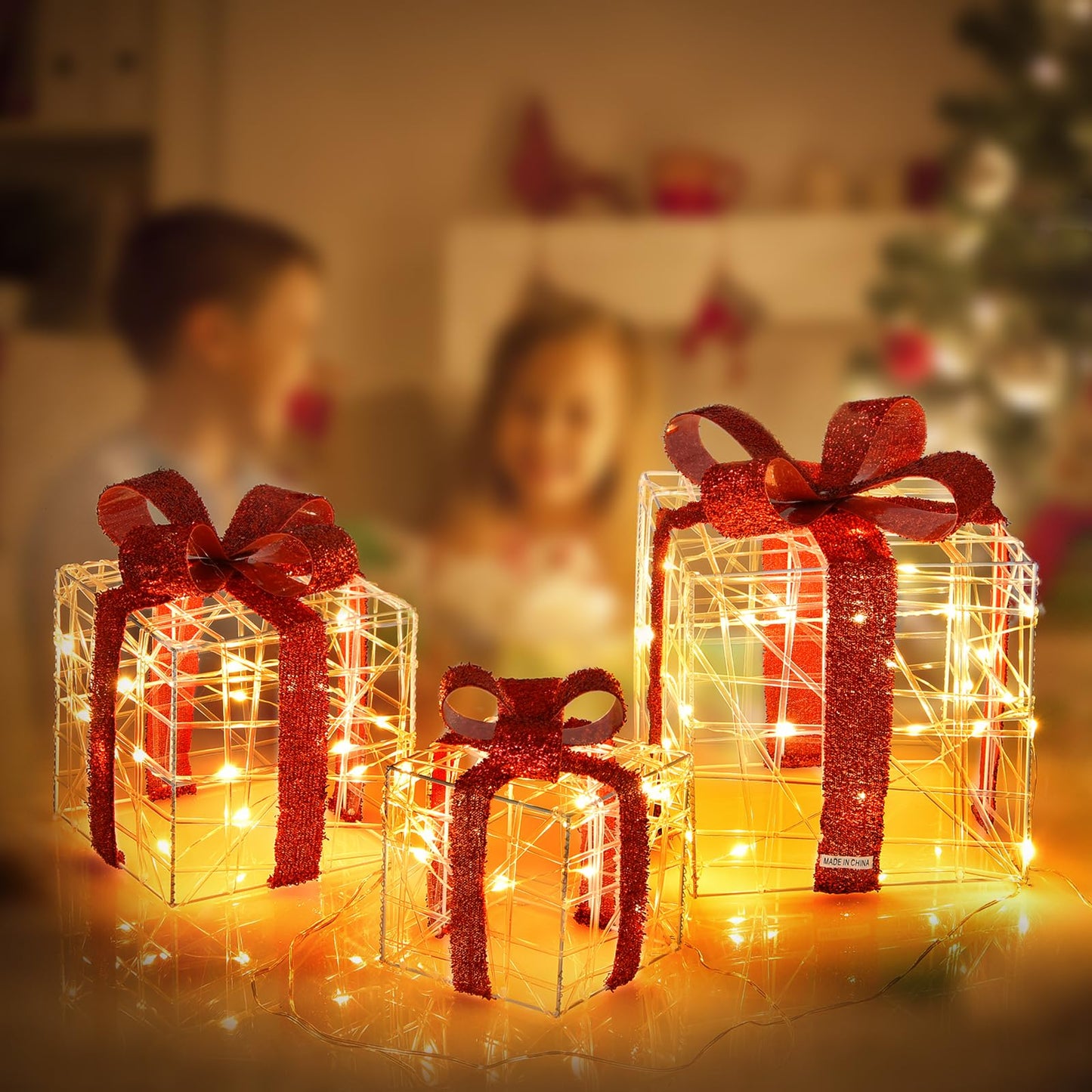Tangkula Set of 3 Christmas Lighted Gift Boxes