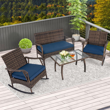 Ensemble à bascule en osier Tangkula 4 pièces, 2 chaises à bascule en rotin pour terrasse avec causeuse et table basse, cadre en métal robuste et siège en corde élastique