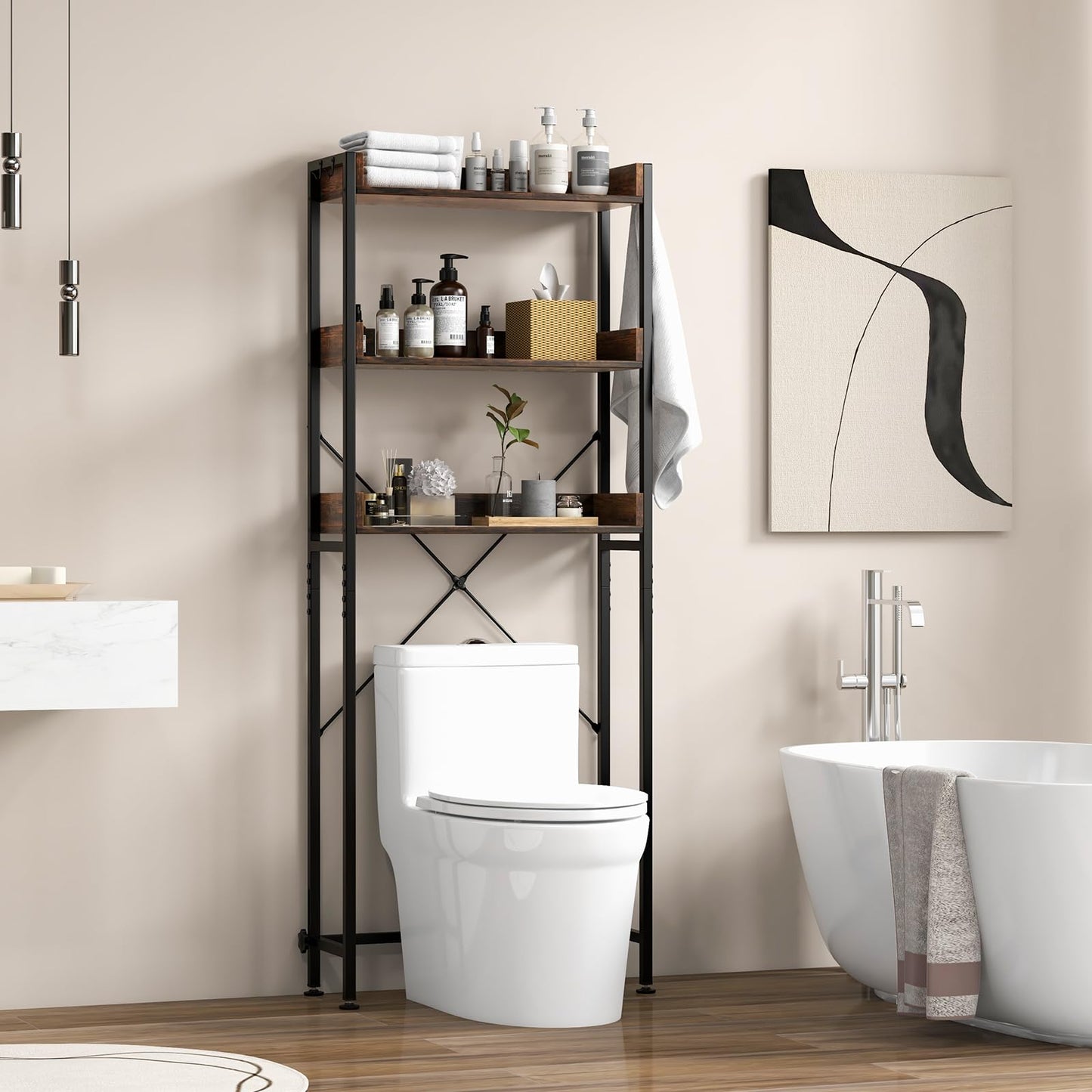 Tangkula Over The Toilet Storage Rack, 3-Tier Bathroom Space Saver w/ 4 Hooks & Adjustable Bottom Bar