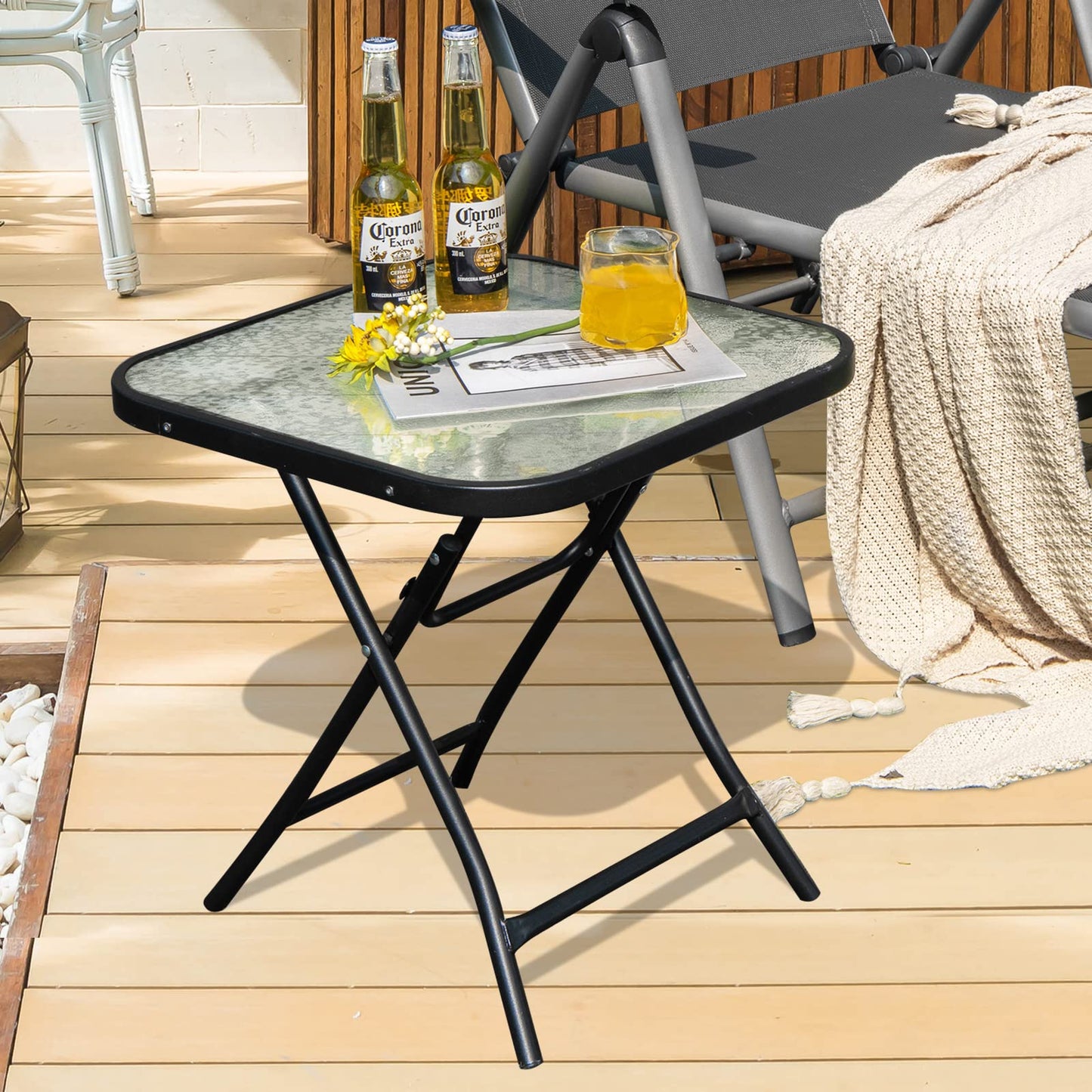 Tangkula Patio Bistro Table, 18" Square Glass Side Table with Rustproof Frame(Black)