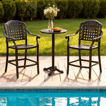 Tangkula 3 Piece Patio Bar Set, Outdoor Cast Aluminum Round High Top Table & 2 Counter Height Bar Stools
