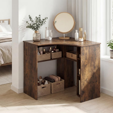Tangkula 90-Degree Triangle Computer Desk with Ergonomic Curved Edge & Open Storage Shelves