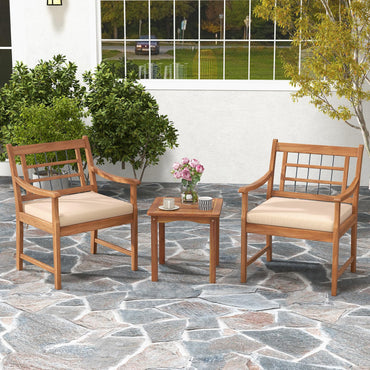 Tangkula 3 Piece Wood Patio Furniture Set, Outdoor Bistro Set w/Soft Seat Cushions