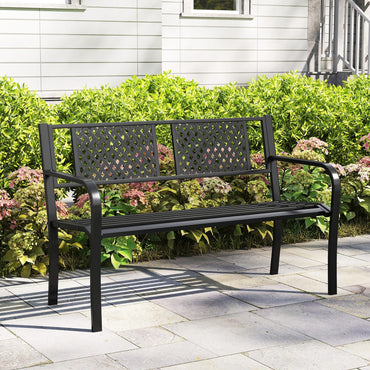 Tangkula Metal Outdoor Garden Bench with Patterned Backrest and Curved Armrests