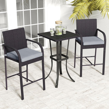 Tangkula 3-Piece Patio Wicker Bar Set, Rattan Bar Height Chairs & Square Table w/Heavy-Duty Metal Frame