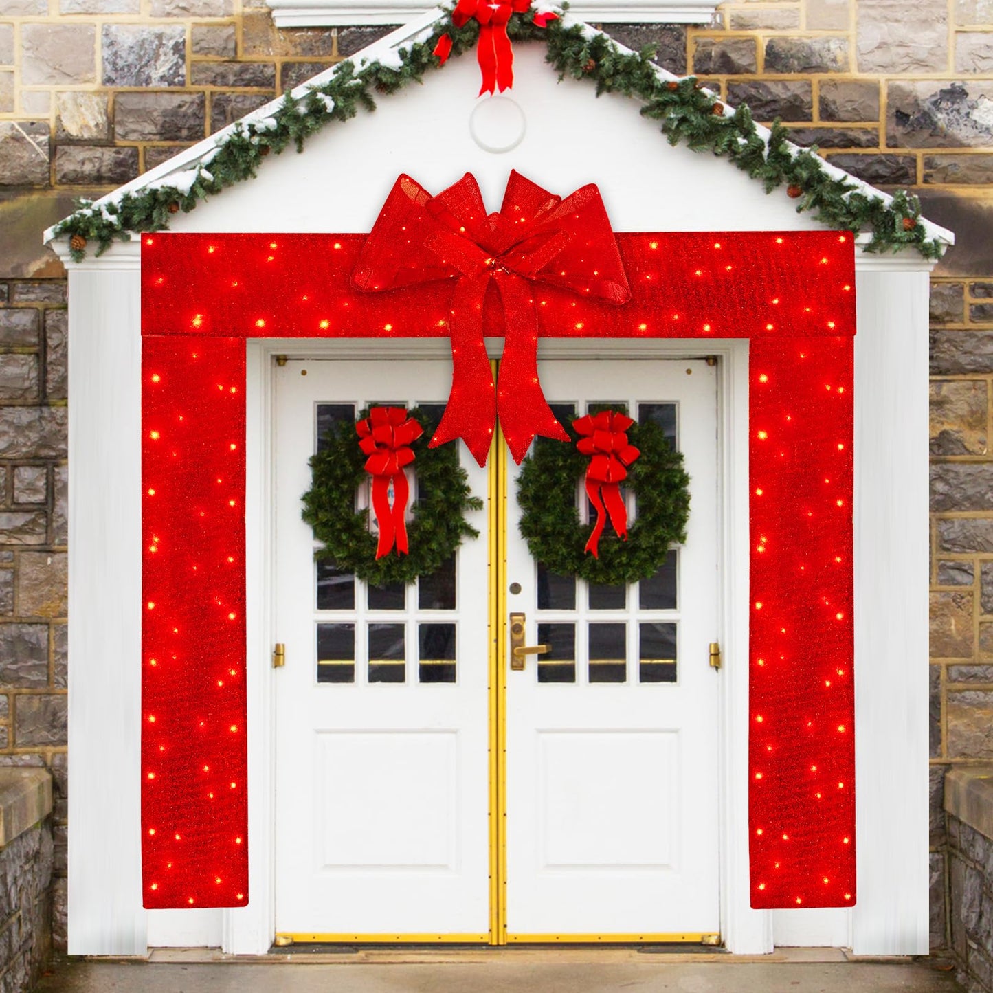 Tangkula Pre-Lit Christmas Doorway Arch w/Bow, LED Lighted Festive Door Decoration w/ 240 Red LED Lights