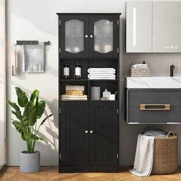 Tangkula 58.5" Tall Bathroom Storage Cabinet, Freestanding Linen Cabinet with Frost Glass Doors and Shelves