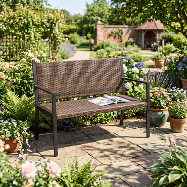 Tangkula 2-Person Wicker Outdoor Bench with Soft Sponge Seat