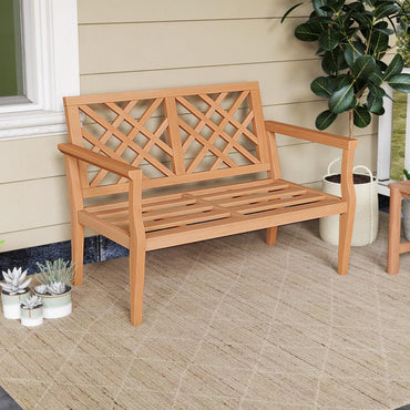 Banc de jardin extérieur Tangkula, banc en bois de teck pour 2 personnes avec accoudoirs confortables et dossier, assise à lattes