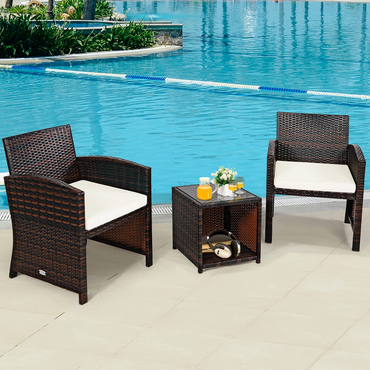 Tangkula 3-Piece Outdoor PE Rattan Furniture Set, Patio Conversation Set w/Chair & Storage Coffee Table
