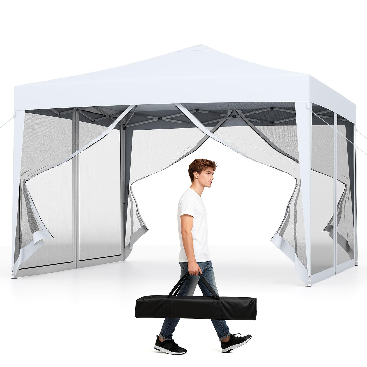 Tonnelle escamotable 3x3 m avec moustiquaire, tente de réception extérieure avec sac de transport