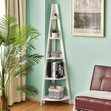 Tangkula Étagère d'angle à 5 niveaux, bibliothèque d'angle de 175 cm, étagère échelle, support de plantes pour salon, bureau à domicile