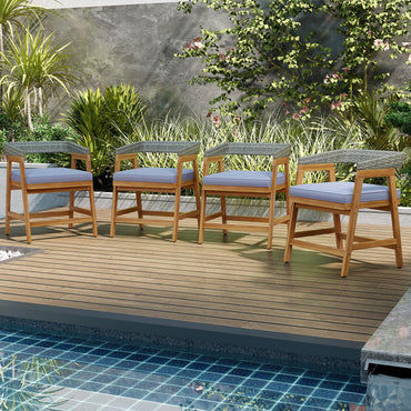 Tangkula Outdoor Acacia Wood Patio Wicker Dining Chairs Set of 4 with Seat Cushion