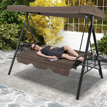 Tangkula 3 Person Porch Swing, 2-in-1 Convertible Patio Swing Bed with Adjustable Canopy, 2 Cup Holder Table