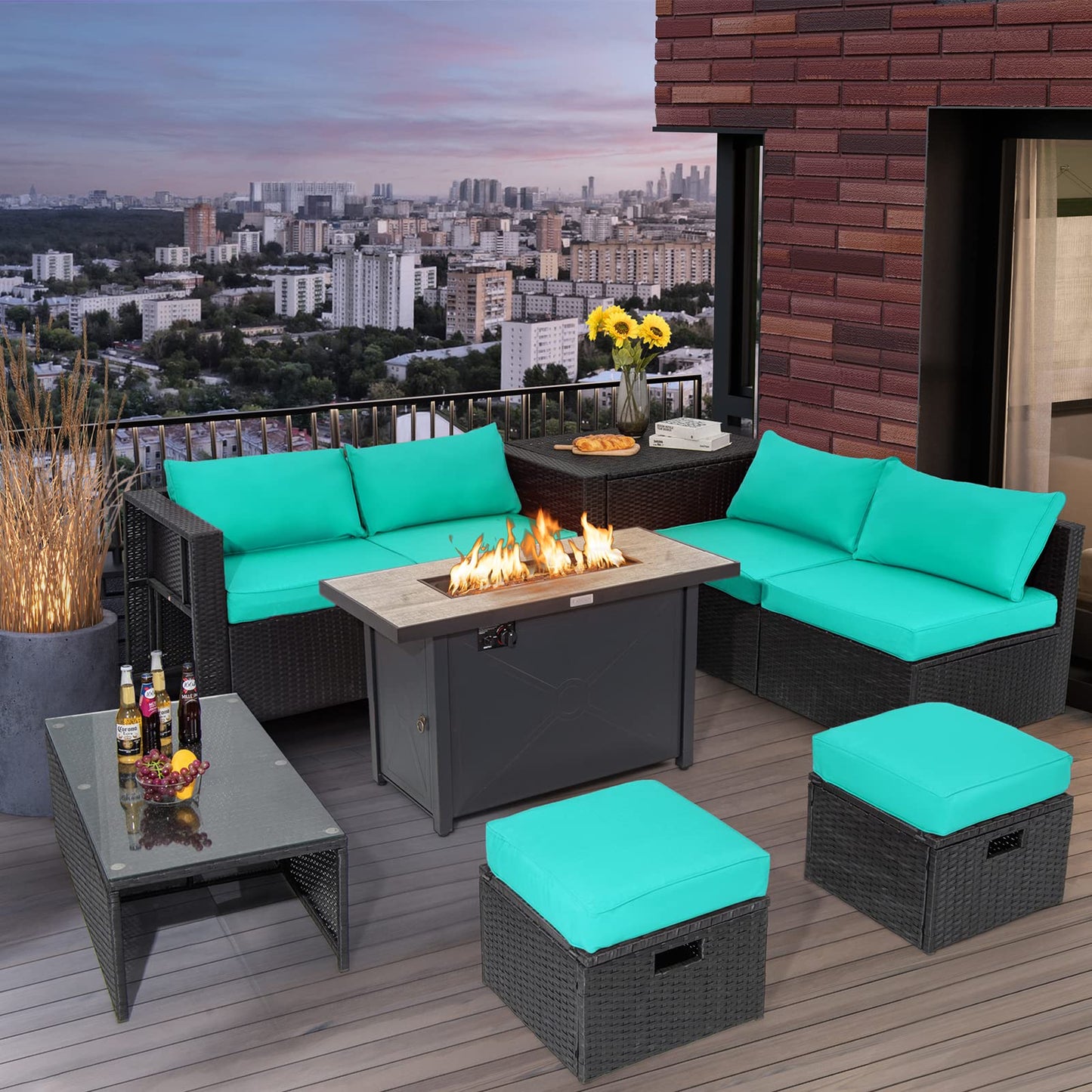 Tangkula 9 Pieces Outdoor Wicker Sectional Sofa with 42" 60,000 BTU Gas Fire Pit Table