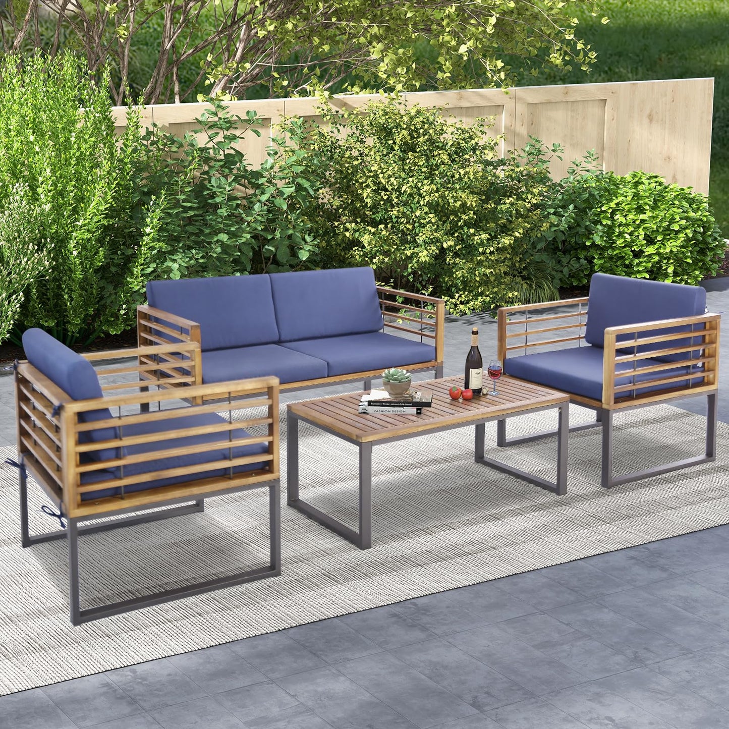 Ensemble de 4 chaises de terrasse Tangkula, ensemble de chaises en bois d'acacia avec 2 chaises, 1 causeuse et 1 table basse